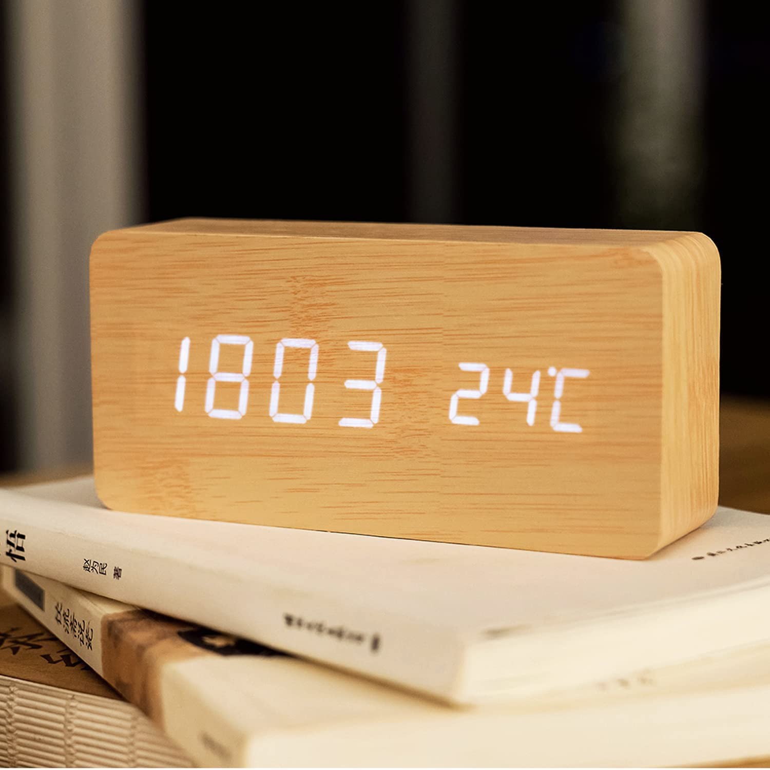 Digital Wooden Alarm Clock with USB Charging, LED Time Temperature Date Display Bamboo Rectangle for Bedroom/Desk/Office